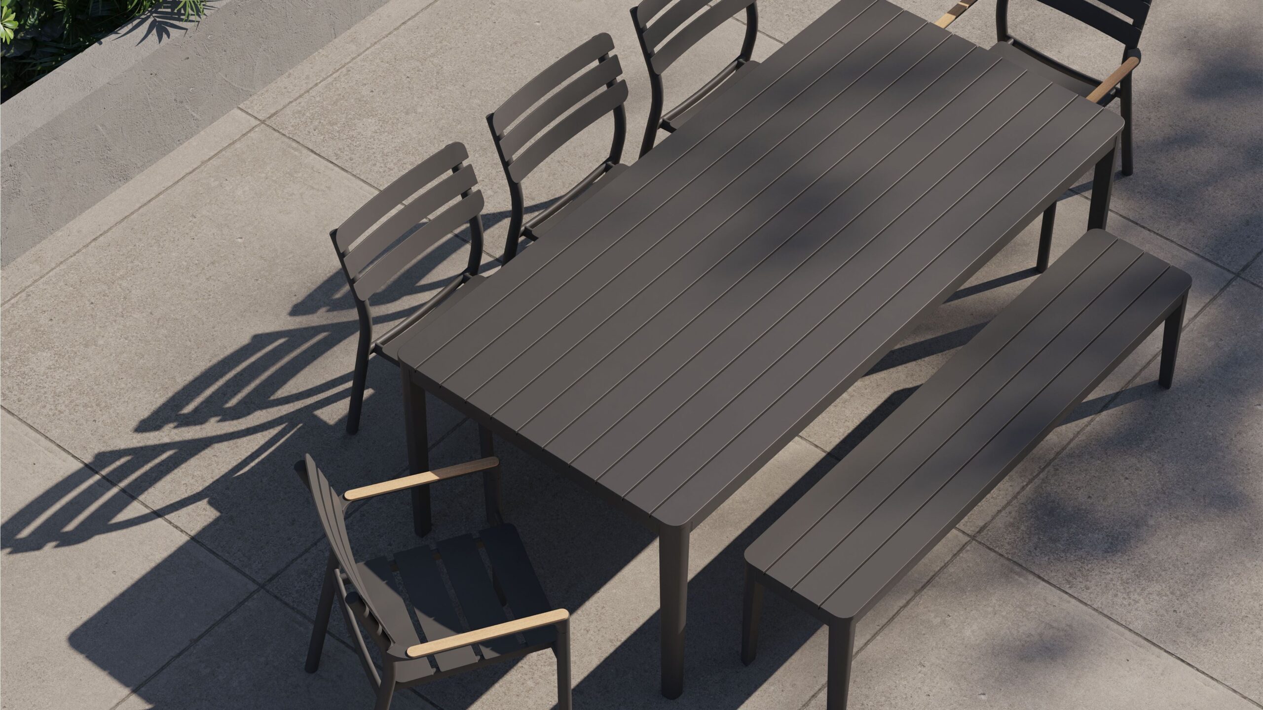 Aluminum Outdoor Rectangular Dining Table + 2 595 Armchairs + 3 595 Armless Chairs + Aluminum Dining Bench